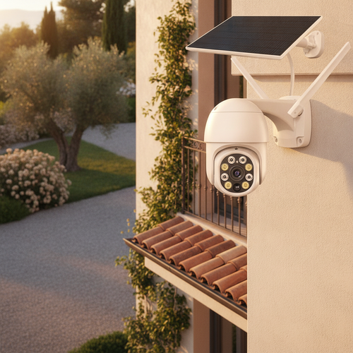 Telecamera solare installata sulla parete esterna di una villa